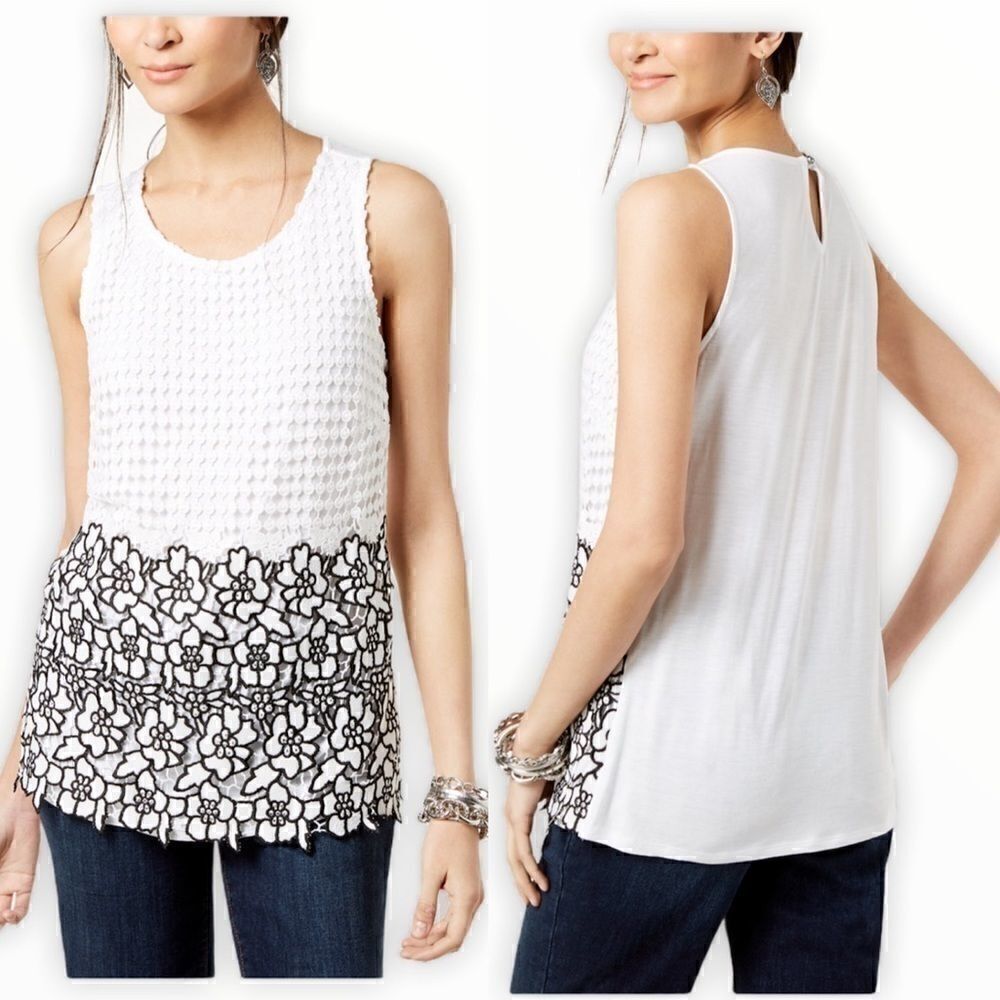 I.N.C. Embellished Lace Shell Top in Size M